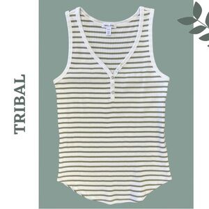 Tribal Jeans Striped V-Neck Tank Top with Button Detail White Green